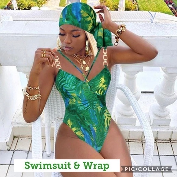 Green Floral or Yellow Leopard Swimsuit & Wrap - Picture 1 of 5